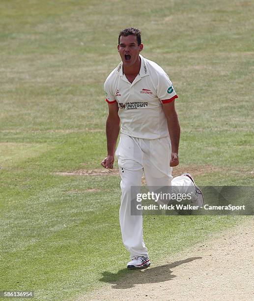 Leicestershire's Clint McKay celebrates taking the wicket of Derbyshire's Billy Godleman during the Specsavers County Championship Division Two match...