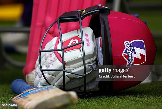 Loughborough Lightning batting helmet and bat wait to be used in the dugout during the Kia Super League women's cricket match between Loughbrough...