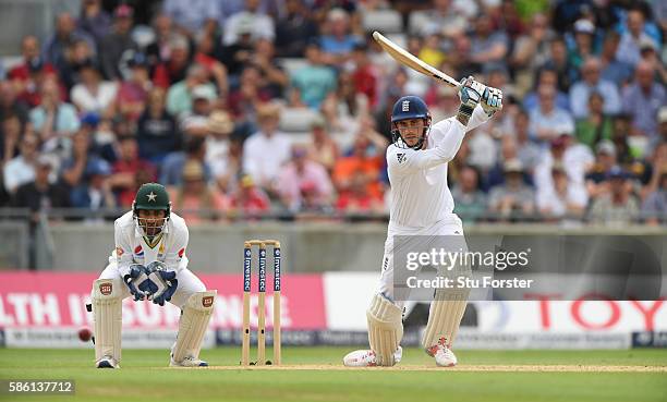 England batsman Alex Hales drives a ball to the boundary during day 3 of the 3rd Investec Test Match between Engand and Pakistan at Edgbaston on...