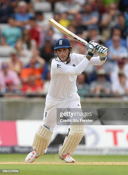 England batsman Alex Hales drives a ball to the boundary during day 3 of the 3rd Investec Test Match between Engand and Pakistan at Edgbaston on...