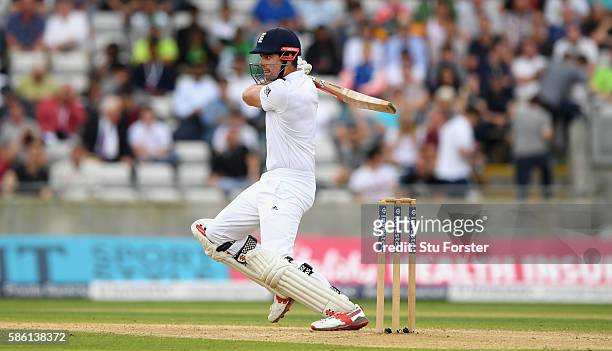 England batsman Alastair Cook cuts a ball to the boundary during day 3 of the 3rd Investec Test Match between Engand and Pakistan at Edgbaston on...