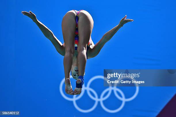 Yulia Timoshinina of Russia practices during a training session at the Maria Lenk Aquatics Centre on August 5, 2016 in Rio de Janeiro, Brazil.