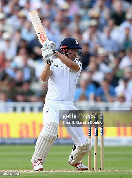 England captain Alastair Cook bats during day three of the 3rd Investec Test between England and Pakistan at Edgbaston on August 5, 2016 in...