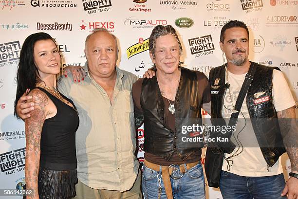 Lza Steyaert, Franck Tiozzo, Mickey Rourke and a member of Hells Angels France Cote d'Azur attend the Fight Night 2016' : Gala At La Citadelle on...