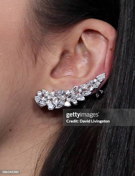 Actress Sofia Carson, earring detail, visits Hollywood Today Live at W Hollywood on August 5, 2016 in Hollywood, California.