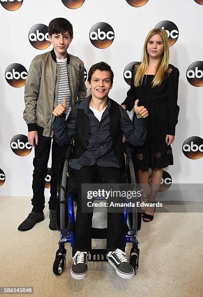 Actors Mason Cook, Micah Fowler and Kyla Kenedy attend the Disney ABC Television Group TCA Summer Press Tour on August 4, 2016 in Beverly Hills,...