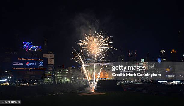 General view of Comerica Park during the post-game fireworks show after the game between the Detroit Tigers and the Kansas City Royals at Comerica...