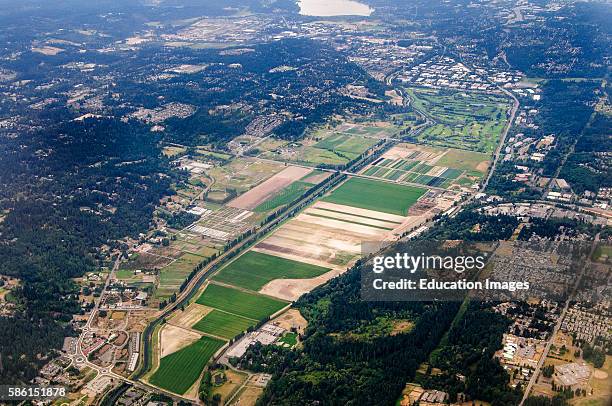 Redmond, Washington. Aerial view of Dr. Maze's farm and Sammamish Valley Park in Redmond.