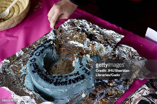 Partially-eaten Fifty Shades of Grey cake at the 2014 Edible Book Festival, a literary cake competition for students on the Homewood campus of the...