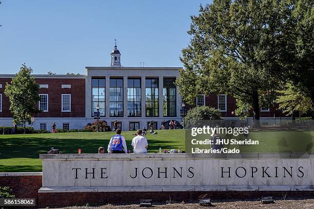 View from Charles street of the grassy "Beach" and Milton S Eisenhower Library of the Johns Hopkins University; three male students, their backs...