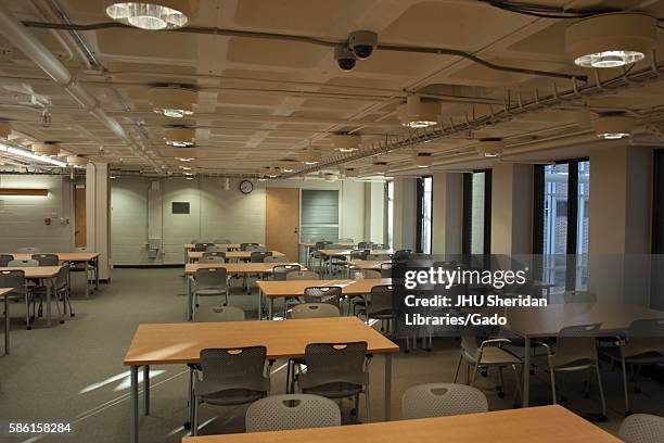 Study space, complete with tables and chairs on wheels, on A-Level of the Milton S. Eisenhower Library on the Homewood campus of the Johns Hopkins...