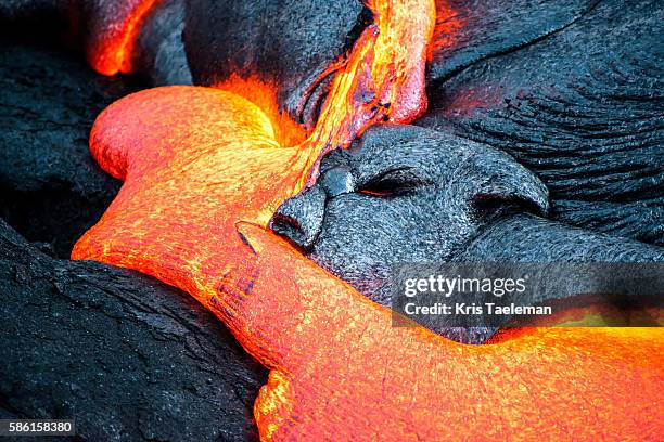 lava flowing out of the kilauea volcano on the big island of hawaii. - big island volcano national park stock pictures, royalty-free photos & images