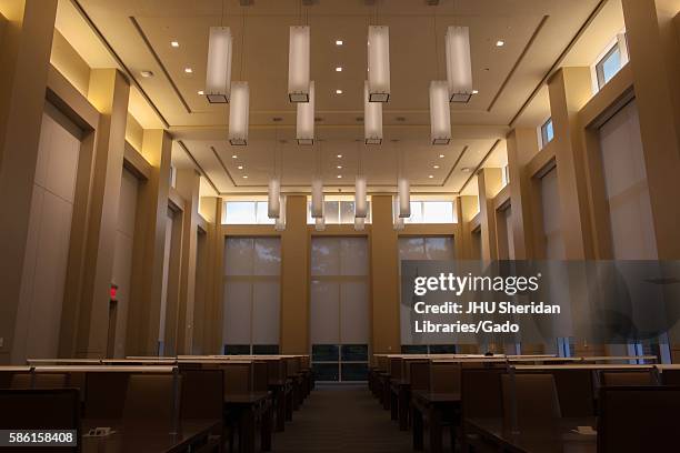 Shot of the empty Reading Room of the Brody Learning Commons, a study space and library on the Homewood campus of the Johns Hopkins University in...