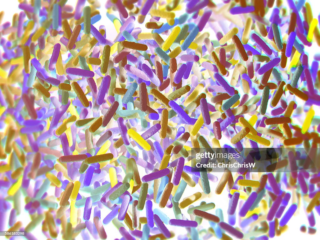 Microbioma de bacterias intestinales. Ilustración 3D. representación.