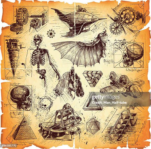 ilustraciones, imágenes clip art, dibujos animados e iconos de stock de dibujos estilo da vinci - leonardo da vinci