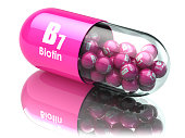 Vitamin B7 capsule. Pill with biotin. Dietary supplements.