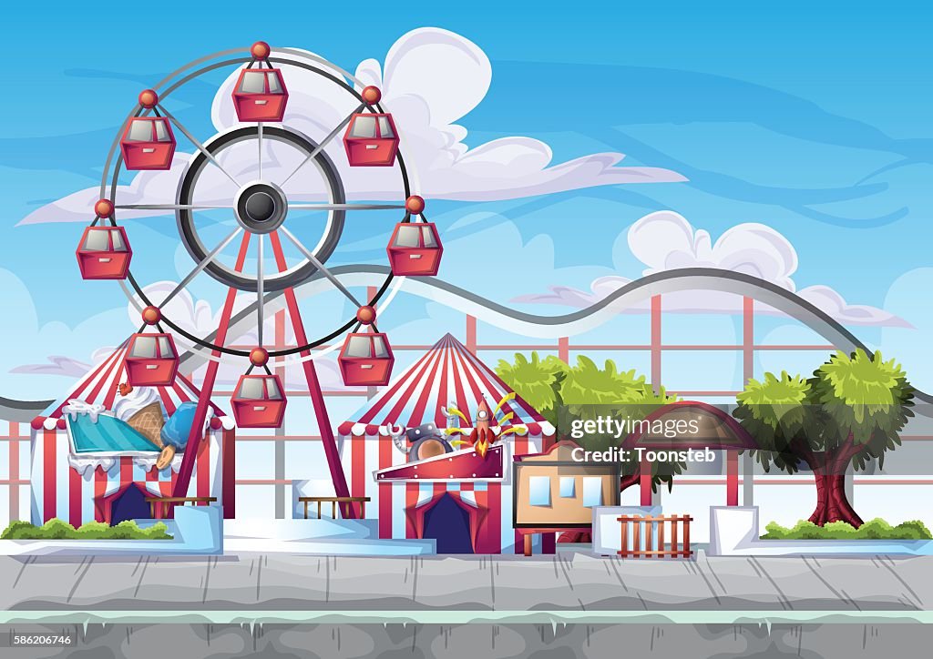 Parque De Atracciones Vectorial De Dibujos Animados Con Capas Separadas  Ilustración de stock - Getty Images