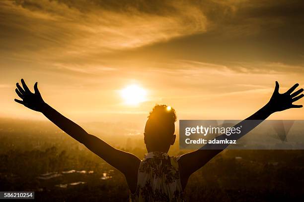 african american woman raising arms at sunset - arms raised mountain stock pictures, royalty-free photos & images