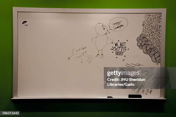 Doodles drawn by college students on a whiteboard in the Brody Learning commons, a study space and library on the Homewood campus of the Johns...