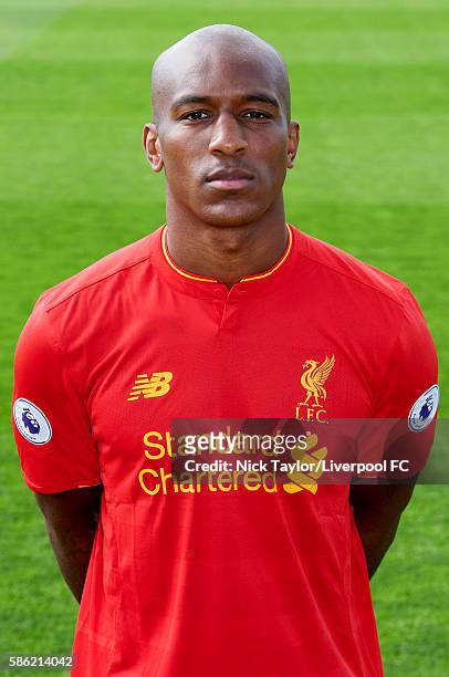 Andre Wisdom of Liverpool poses for a portrait at Melwood Training Ground on August 5, 2016 in Liverpool, England.