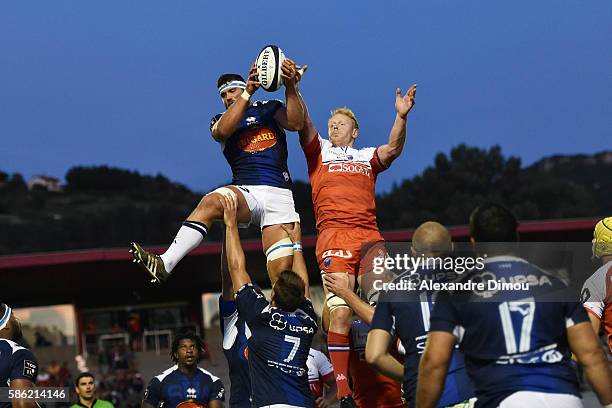 Remi Vaquin of Agen and Henry Venderglas of Grenoble during a friendly match between Grenoble and Agen at Stade Olympique Millau on August 5, 2016 in...