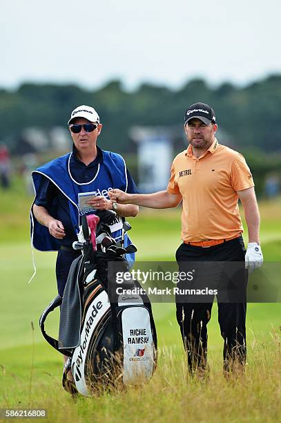 Richie Ramsey of Scotland selects a club in the deep rough on hole 16 on day two of the Aberdeen Asset Management Paul Lawrie Matchplay at...