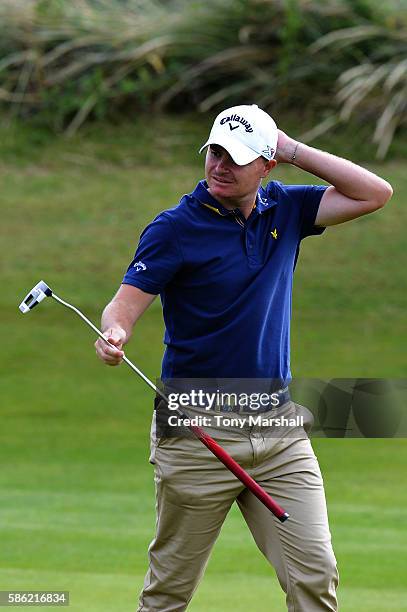 James Morrison of England wins his match against Michael Hoey on hole 15 on day two of the Aberdeen Asset Management Paul Lawrie Matchplay at...