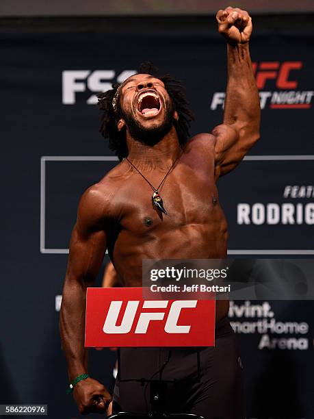 Dominique Steele steps on the scale during the UFC weigh-in at Vivint Smart Home Arena on August 5, 2016 in Salt Lake City, Utah.