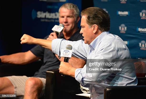 Brett Farve speaks to Steve Mariucci during the SirusXM's Town Hall at Umstattd Hall at The Zimmerman Symphony Center on August 5, 2016 in Canton,...