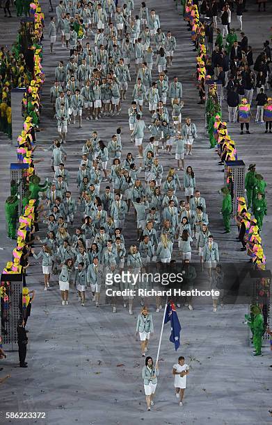 Anna Meares of Australia leads out her country during the Opening Ceremony of the Rio 2016 Olympic Games at Maracana Stadium on August 5, 2016 in Rio...