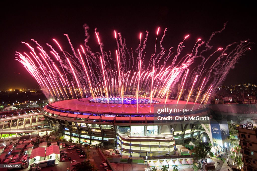 Fireworks Explode Over Rio's Maracana Stadium During The 2016 Olympic Games Opening Ceremony