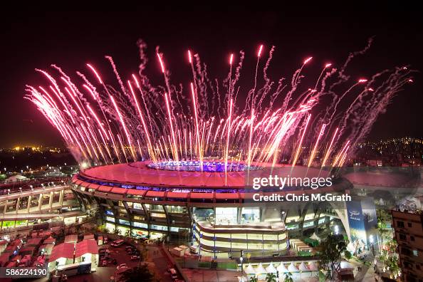 Fireworks explode over the Maracana Stadium during the opening... News ...