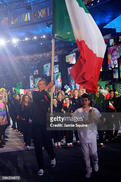 Flag bearer Federica Pellegrini of Italy leads her team during the Opening Ceremony of the Rio 2016 Olympic Games at Maracana Stadium on August 5,...