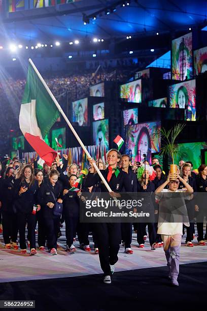 Flag bearer Federica Pellegrini of Italy leads her team during the Opening Ceremony of the Rio 2016 Olympic Games at Maracana Stadium on August 5,...