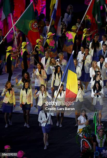 Flag bearer Catalina Ponor of Romania leads the team entering the stadium during the Opening Ceremony of the Rio 2016 Olympic Games at Maracana...