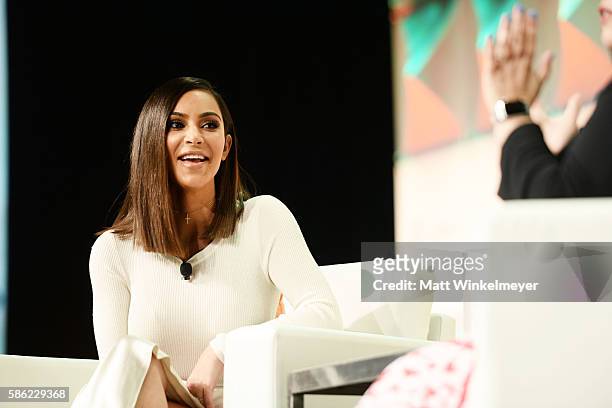 Kim Kardashian West speaks during the #BlogHer16 Experts Among Us conference at JW Marriott Los Angeles at JW Marriott Los Angeles at L.A. LIVE on...