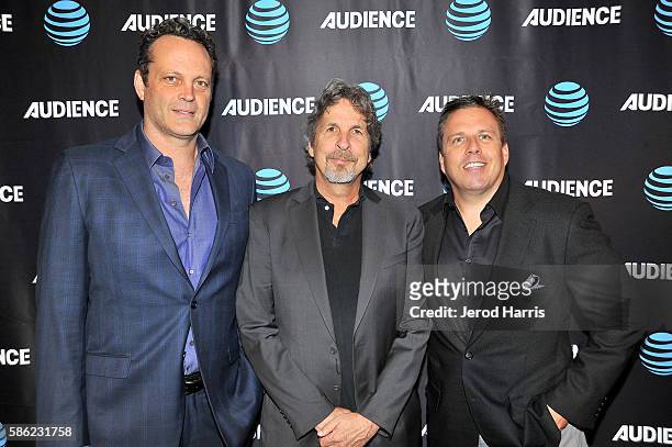 Actor Vince Vaughn, director Peter Farrelly and SVP, Original Content and Production, AT&T, Chris Long attend the AT&T Audience Network TCA Event at...