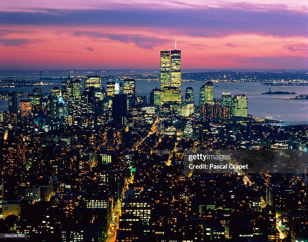 USA,New York,aerial view over city illuminated at night