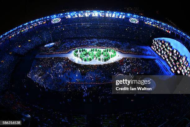 The Olympic Rings are formed during the Opening Ceremony of the Rio 2016 Olympic Games at Maracana Stadium on August 5, 2016 in Rio de Janeiro,...