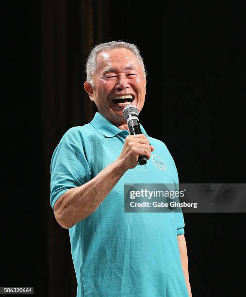 Actor George Takei reacts to being asked about his feud with William Shatner during the 15th annual official Star Trek convention at the Rio Hotel &...