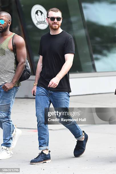 Singer Sam Smith and Friends are seen walking in SoHo on August 5, 2016 in New York City.