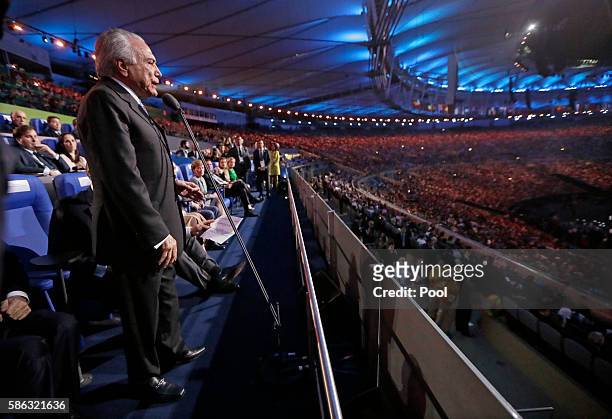 Brazil interim President Michel Temer opens the 2016 Summer Olympics during the opening ceremony in Rio de Janeiro, Brazil, Friday, Aug. 5, 2016.