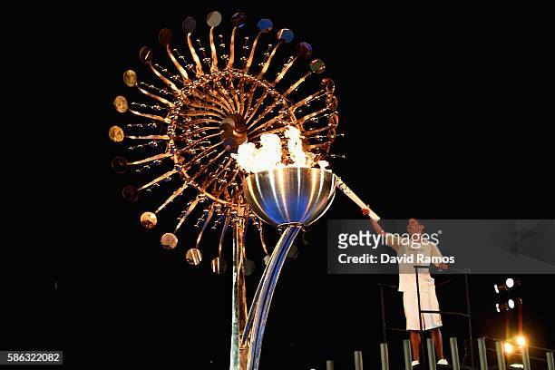 The Olympic Cauldron is lit at the Olympic Boulevard for the 2016 Rio Summer Olympic Games on August 5, 2016 in Rio de Janeiro, Brazil.