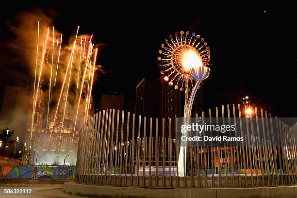 The Olympic Cauldron is lit at the Olympic Boulevard for the 2016 Rio Summer Olympic Games on August 5, 2016 in Rio de Janeiro, Brazil.