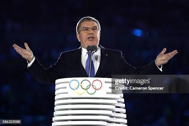 International Olympic Committee President Thomas Bach talks during the Opening Ceremony of the Rio 2016 Olympic Games at Maracana Stadium on August...