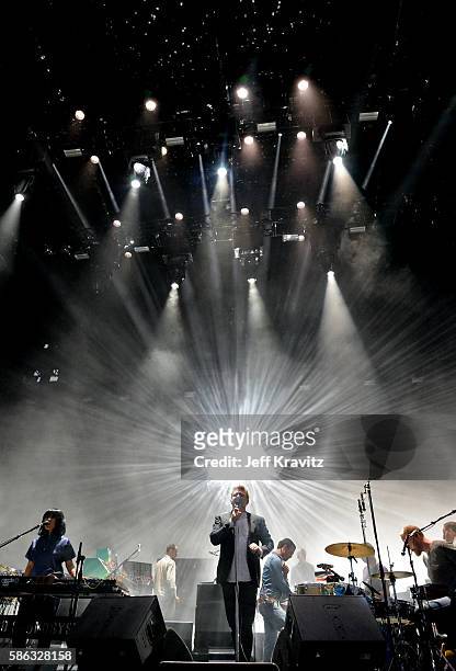 Musicians Nancy Whang, James Murphy and Pat Mahoney of LCD Soundsystem perform on the Lands End Stage during the 2016 Outside Lands Music And Arts...