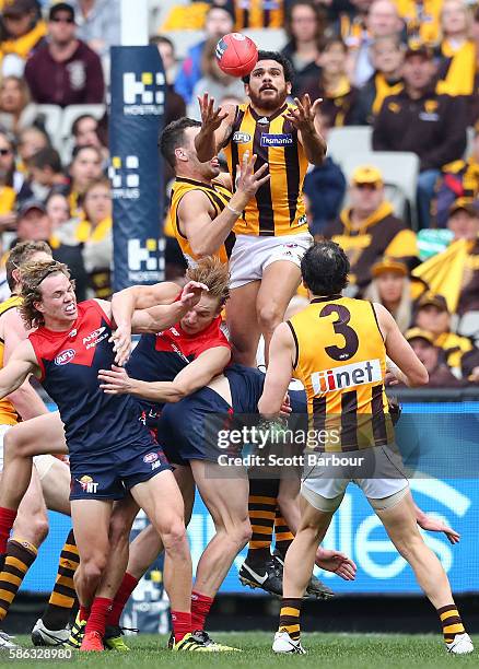 Cyril Rioli of the Hawks takes a spectacular mark in the 2nd quarter during the round 20 AFL match between the Melbourne Demons and the Hawthorn...