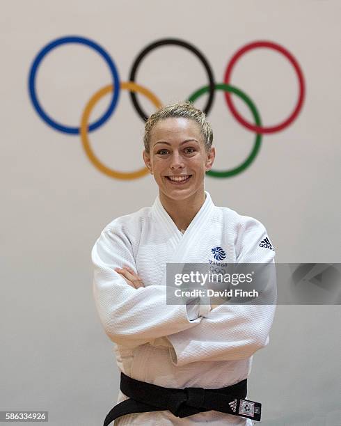 Before the Olympics, eleven times British senior and junior champion, Sally Conway poses under the Olympic Rings after the British team's judo...