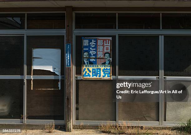 Political elections poster in the highly contaminated area after the daiichi nuclear power plant irradiation, fukushima prefecture, naraha, Japan on...