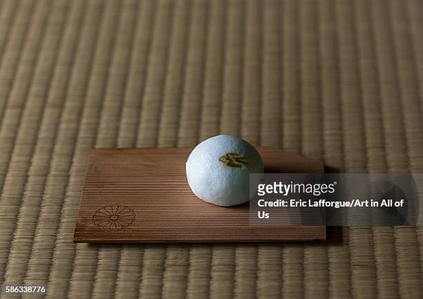 Ohagi rice dumplings coated with sweet bean paste during a tea ceremony in daitoku-ji, kansai region, kyoto, Japan on May 25, 2016 in Kyoto, Japan.